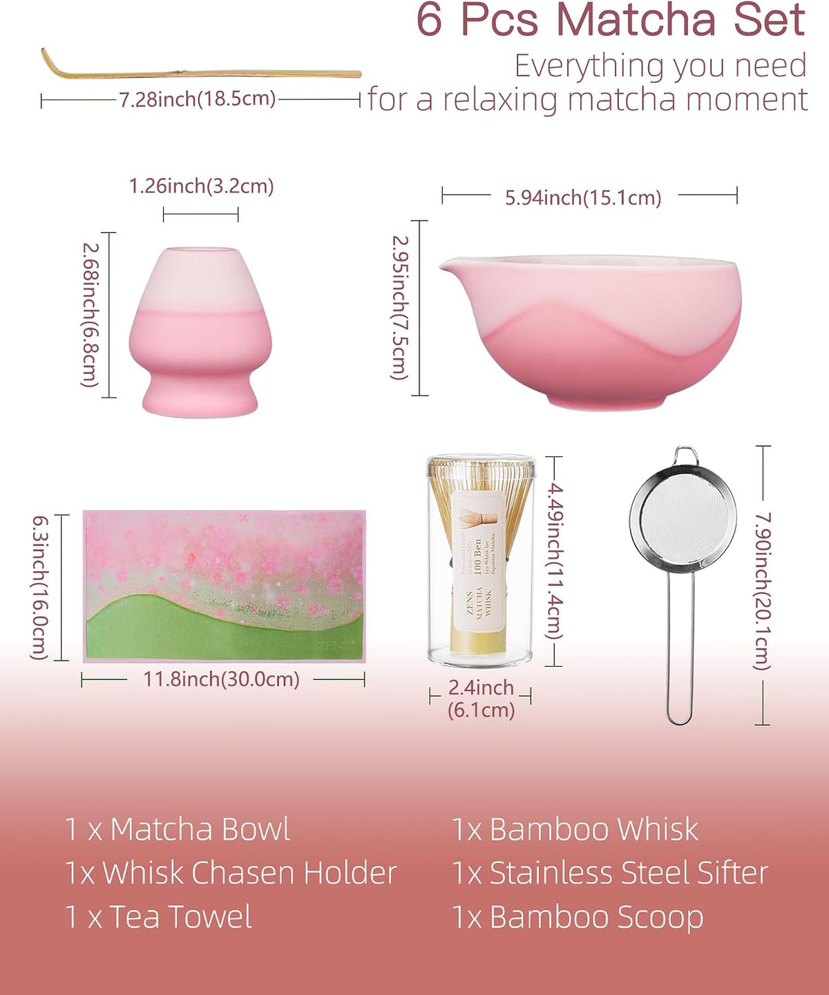 ZENS Premium Matcha Whisk Set, Matcha Kit with Matcha Tools, Pink
