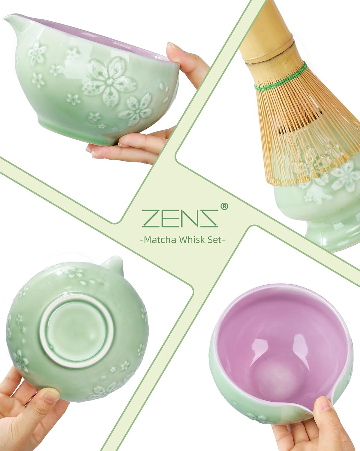 ZENS Premium Matcha Whisk Set, Matcha Kit with Matcha Tools, Pink