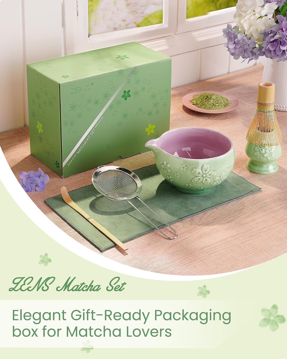 ZENS Premium Matcha Whisk Set, Matcha Kit with Matcha Tools, Pink