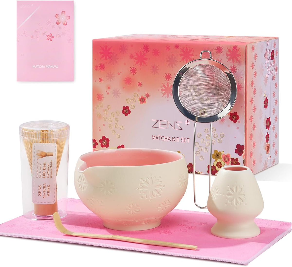 ZENS Premium Matcha Whisk Set, Matcha Kit with Matcha Tools, Pink