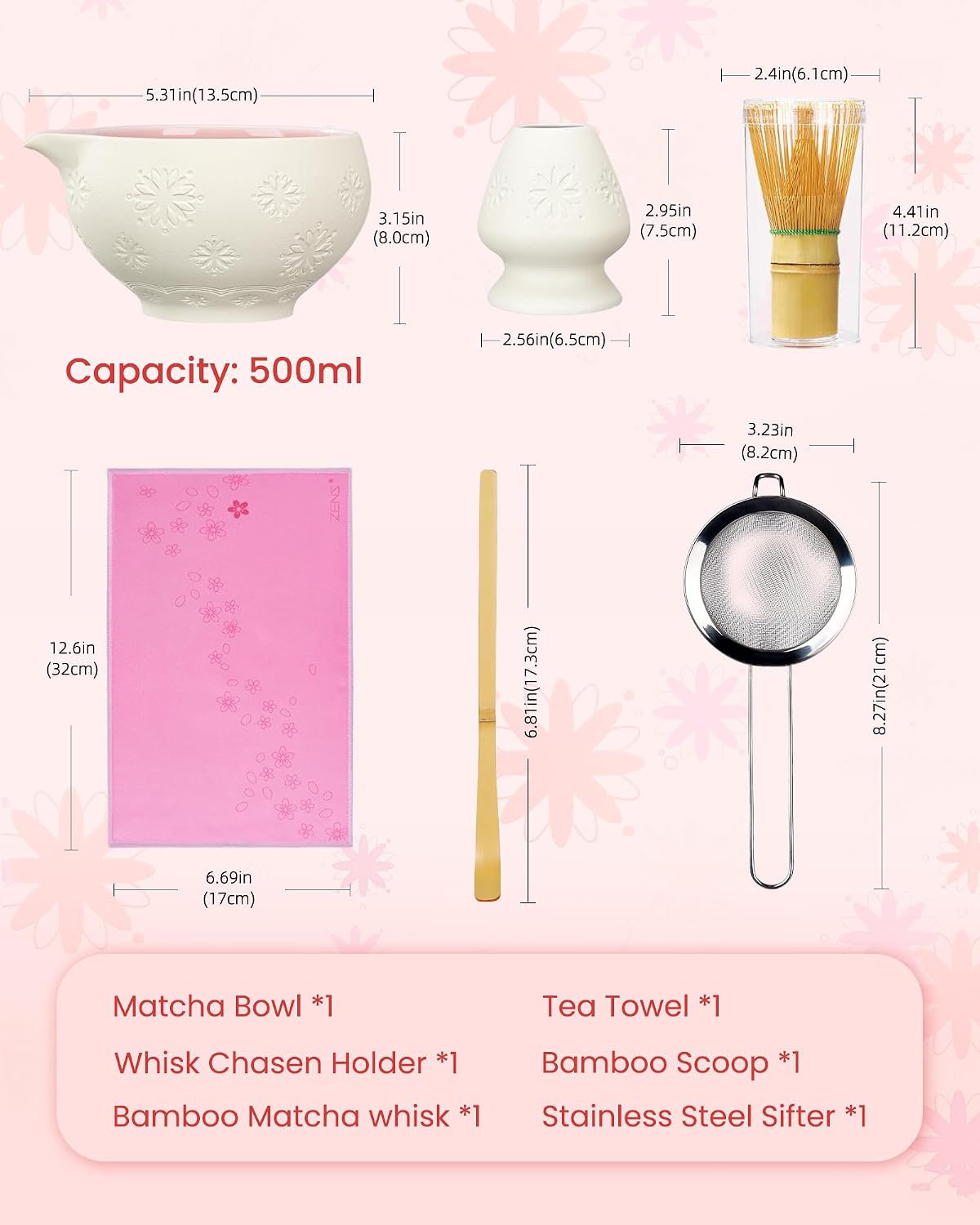 ZENS Premium Matcha Whisk Set, Matcha Kit with Matcha Tools, Pink