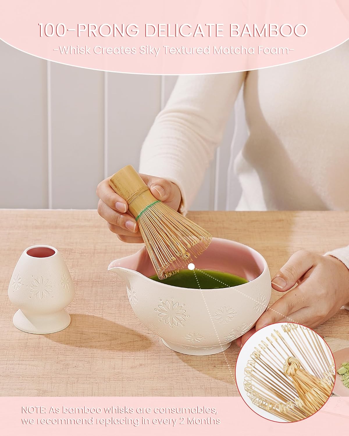 ZENS Premium Matcha Whisk Set, Matcha Kit with Matcha Tools, Pink