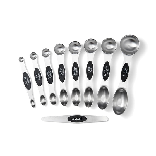 Magnetic Measuring Spoons Set, 9-Piece Stainless Steel with Leveler, Stackable Double-Sided Spoons, Black