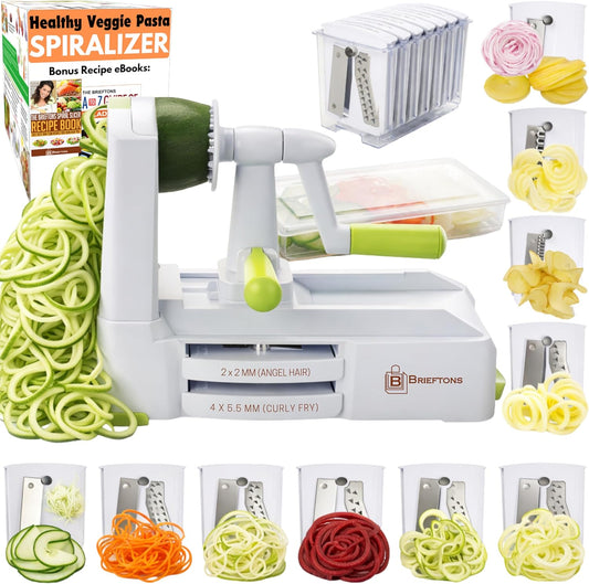 10-Blade Vegetable Spiralizer: Zoodle Maker & Veggie Noodle Maker, Potato String & Curly Fry Cutter, Japanese Steel Blades, Catch Container, Strong Suction Pad, 4 eBooks | Keto, Vegan, Paleo