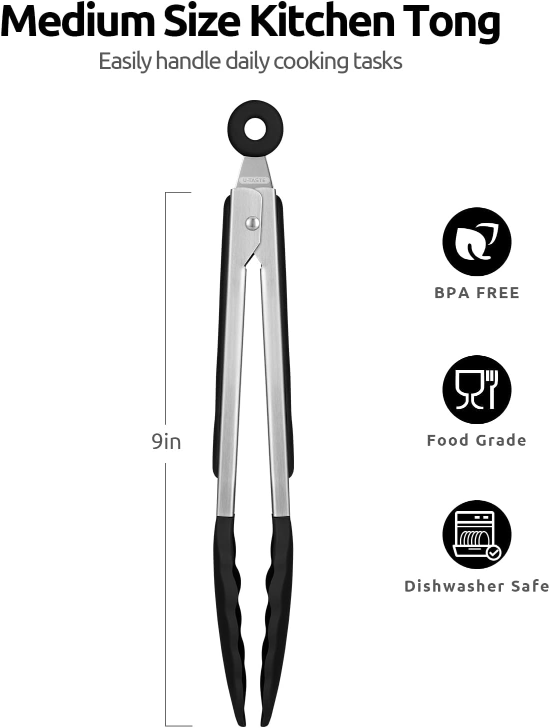 600ºF Heat Resistant Kitchen Tongs: 9 inch Silicone Cooking Tong with Firm Sealed Non Stick Rubber Tips & Silicon Coated 18/8 Stainless Steel Handle & Smooth Locking for Serving Salad (Black)