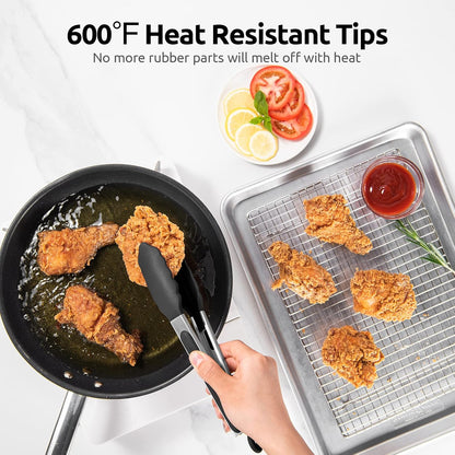 600ºF Heat Resistant Kitchen Tongs: 9 inch Silicone Cooking Tong with Firm Sealed Non Stick Rubber Tips & Silicon Coated 18/8 Stainless Steel Handle & Smooth Locking for Serving Salad (Black)