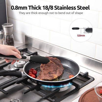 600ºF Heat Resistant Kitchen Tongs: 9 inch Silicone Cooking Tong with Firm Sealed Non Stick Rubber Tips & Silicon Coated 18/8 Stainless Steel Handle & Smooth Locking for Serving Salad (Black)