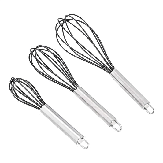 Stainless Steel and Silicone Non-Stick Coated Whisk Set for Beating and Whisking, Dishwasher Safe, 8", 10", and 12", Pack of 3, Black