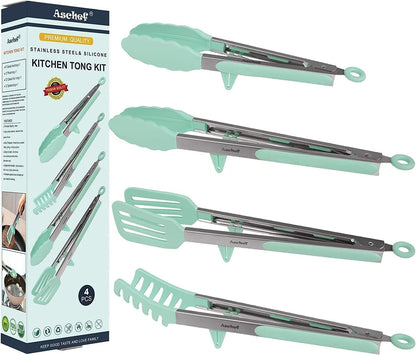 4in1 Stainless Steel Kitchen Food Tongs Set for Cooking with BPA Free Silicone Tips, Toaster Steak Pie Pizza Pasta Spaghetti Noodles Salad Fruit Vegetable Grill BBQ Buffet Clamp Serving Tools Gadgets