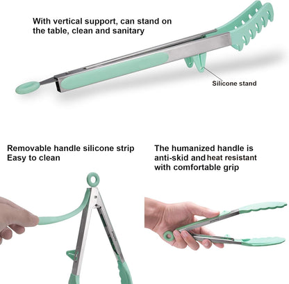4in1 Stainless Steel Kitchen Food Tongs Set for Cooking with BPA Free Silicone Tips, Toaster Steak Pie Pizza Pasta Spaghetti Noodles Salad Fruit Vegetable Grill BBQ Buffet Clamp Serving Tools Gadgets