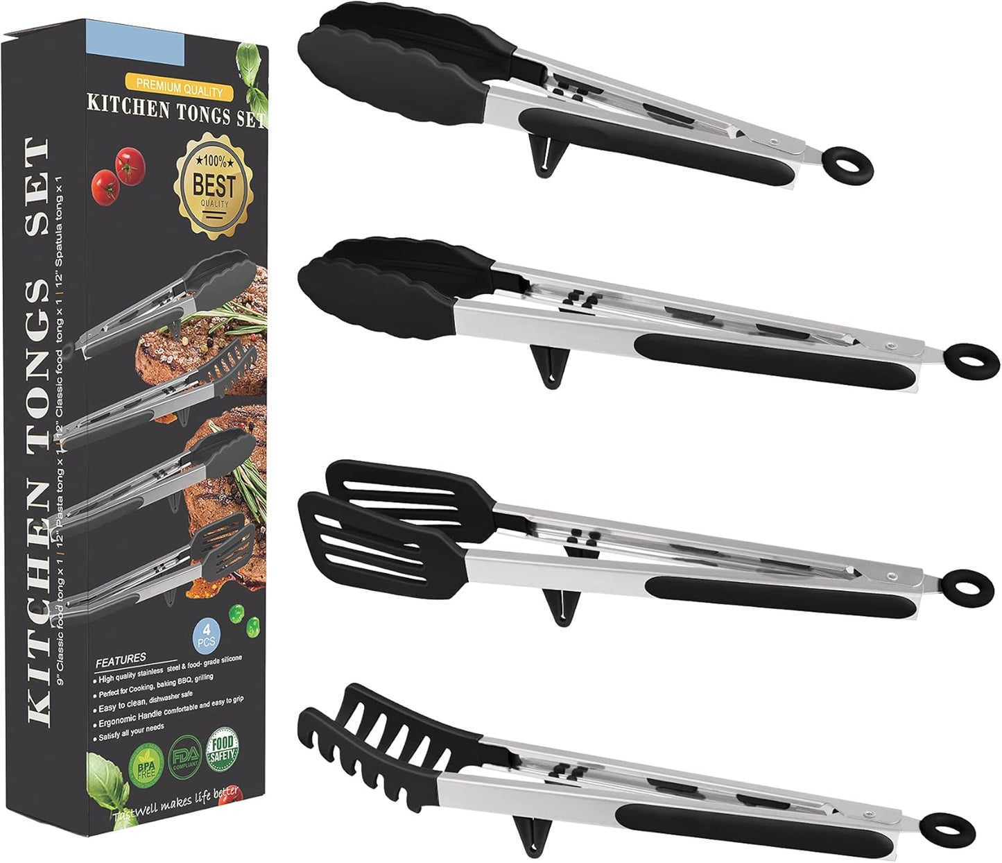 4in1 Stainless Steel Kitchen Food Tongs Set for Cooking with BPA Free Silicone Tips, Toaster Steak Pie Pizza Pasta Spaghetti Noodles Salad Fruit Vegetable Grill BBQ Buffet Clamp Serving Tools Gadgets