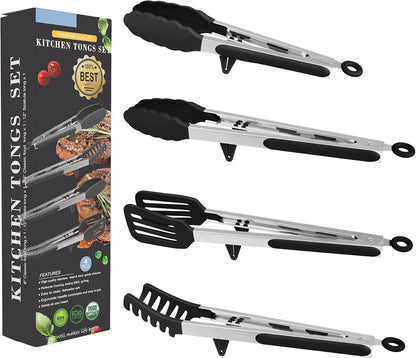 4in1 Stainless Steel Kitchen Food Tongs Set for Cooking with BPA Free Silicone Tips, Toaster Steak Pie Pizza Pasta Spaghetti Noodles Salad Fruit Vegetable Grill BBQ Buffet Clamp Serving Tools Gadgets