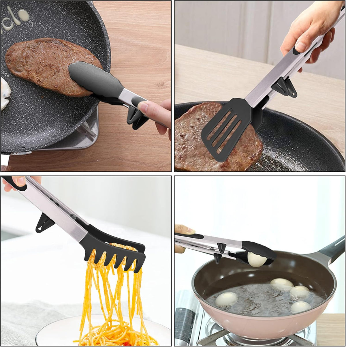 4in1 Stainless Steel Kitchen Food Tongs Set for Cooking with BPA Free Silicone Tips, Toaster Steak Pie Pizza Pasta Spaghetti Noodles Salad Fruit Vegetable Grill BBQ Buffet Clamp Serving Tools Gadgets