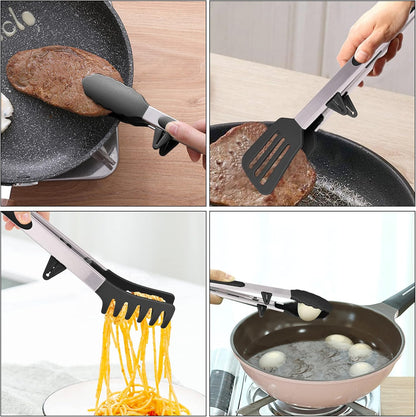 4in1 Stainless Steel Kitchen Food Tongs Set for Cooking with BPA Free Silicone Tips, Toaster Steak Pie Pizza Pasta Spaghetti Noodles Salad Fruit Vegetable Grill BBQ Buffet Clamp Serving Tools Gadgets