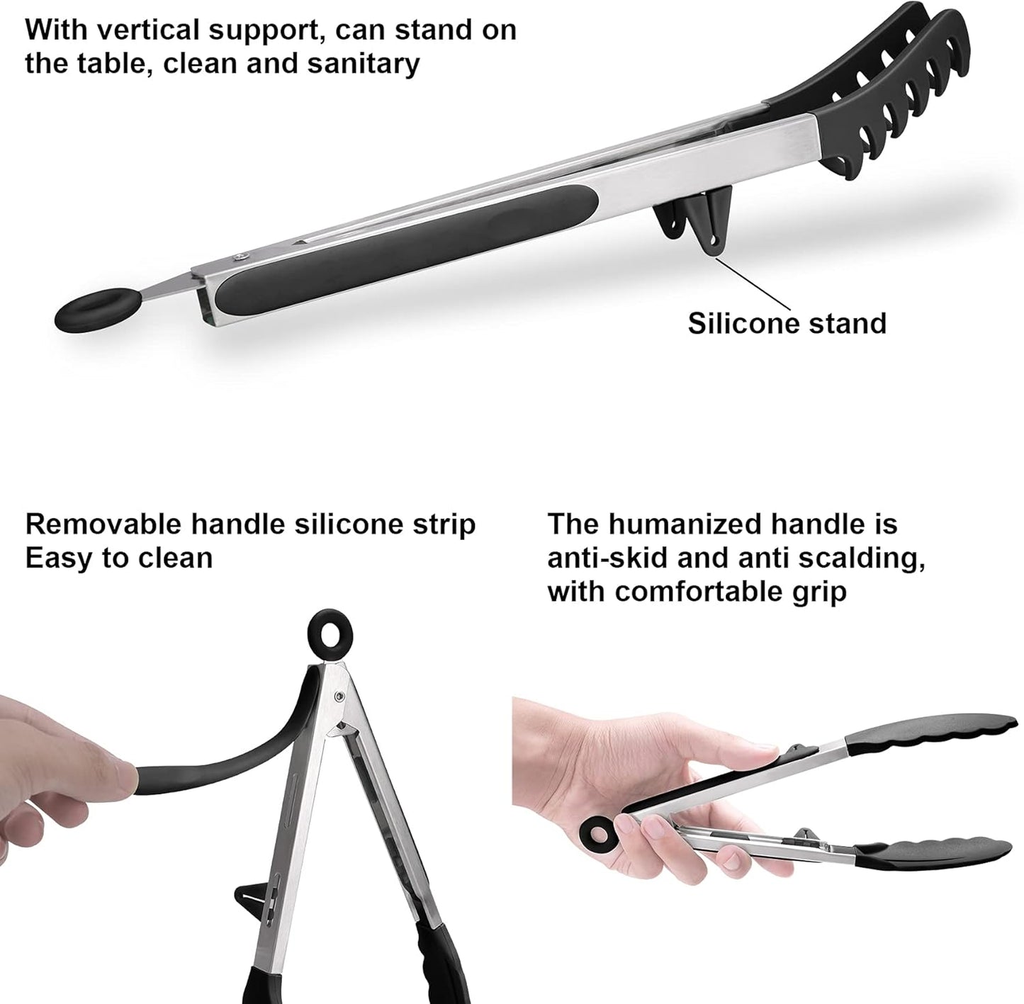 4in1 Stainless Steel Kitchen Food Tongs Set for Cooking with BPA Free Silicone Tips, Toaster Steak Pie Pizza Pasta Spaghetti Noodles Salad Fruit Vegetable Grill BBQ Buffet Clamp Serving Tools Gadgets