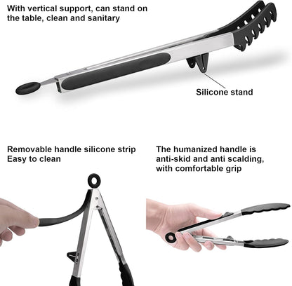 4in1 Stainless Steel Kitchen Food Tongs Set for Cooking with BPA Free Silicone Tips, Toaster Steak Pie Pizza Pasta Spaghetti Noodles Salad Fruit Vegetable Grill BBQ Buffet Clamp Serving Tools Gadgets