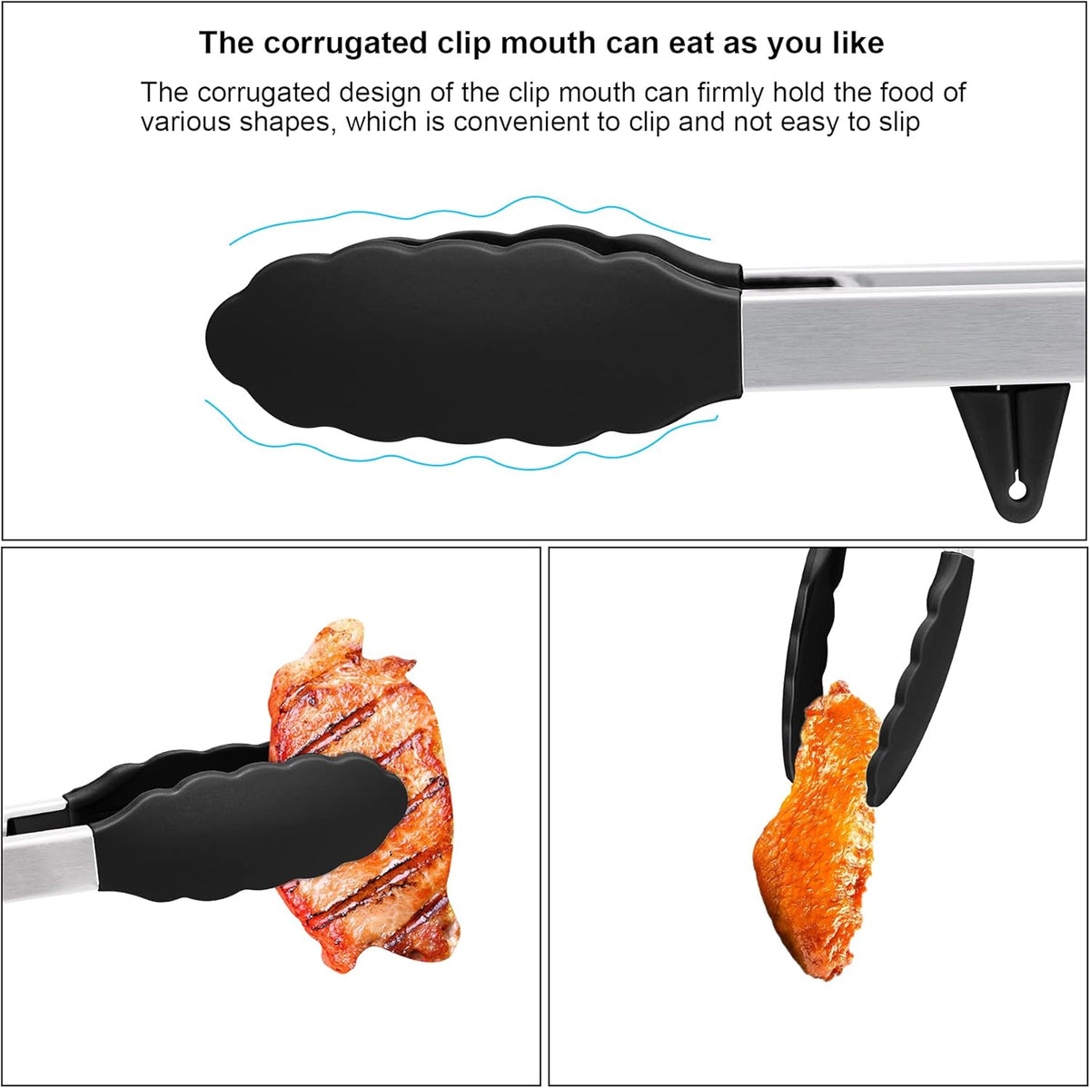 4in1 Stainless Steel Kitchen Food Tongs Set for Cooking with BPA Free Silicone Tips, Toaster Steak Pie Pizza Pasta Spaghetti Noodles Salad Fruit Vegetable Grill BBQ Buffet Clamp Serving Tools Gadgets