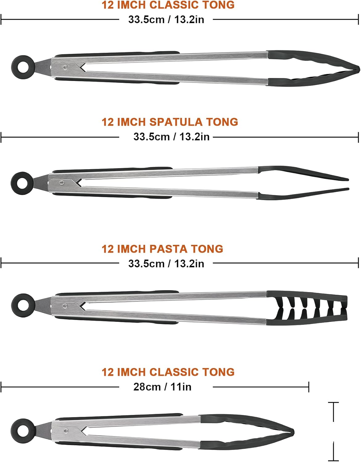 4in1 Stainless Steel Kitchen Food Tongs Set for Cooking with BPA Free Silicone Tips, Toaster Steak Pie Pizza Pasta Spaghetti Noodles Salad Fruit Vegetable Grill BBQ Buffet Clamp Serving Tools Gadgets