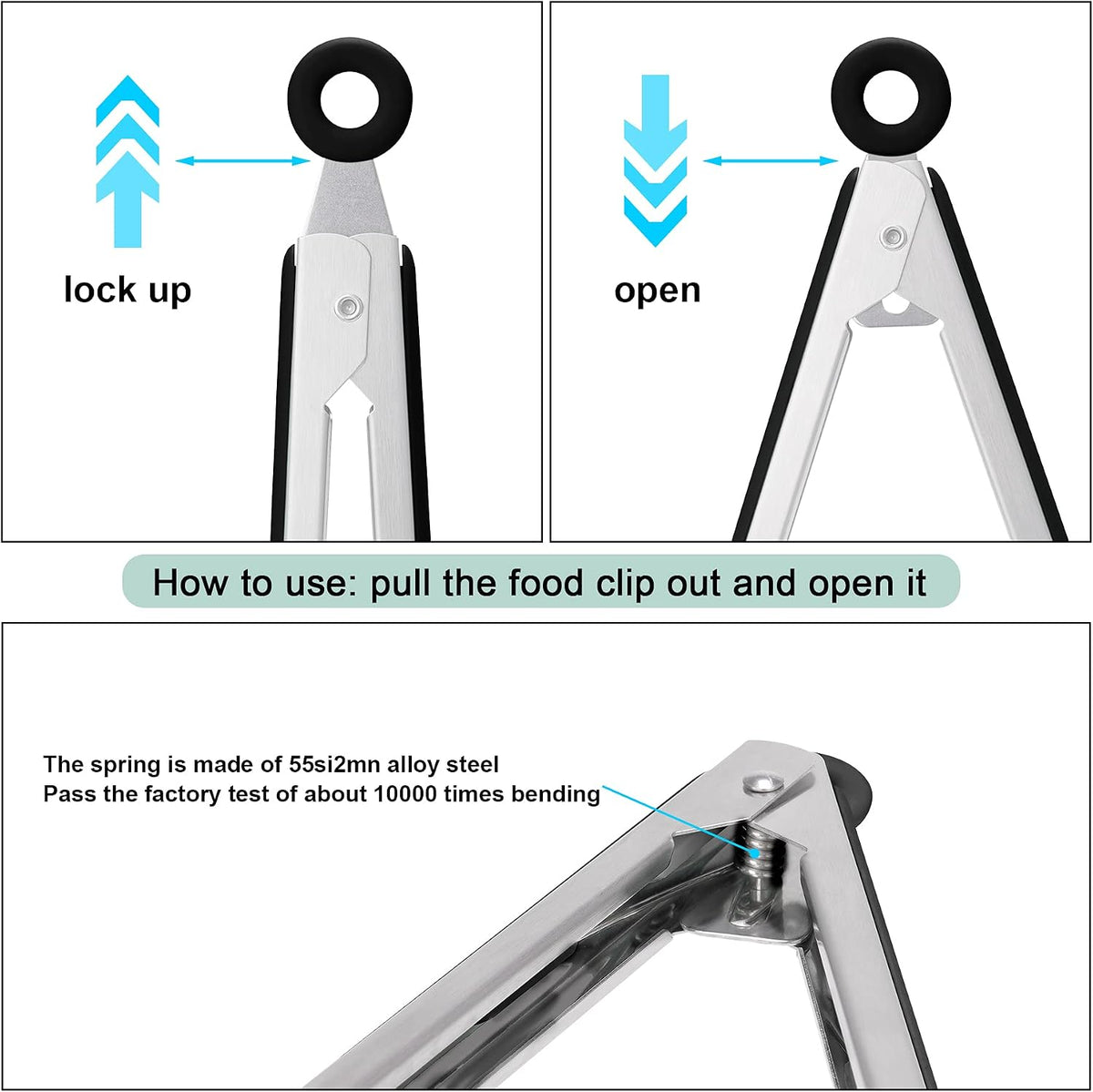 4in1 Stainless Steel Kitchen Food Tongs Set for Cooking with BPA Free Silicone Tips, Toaster Steak Pie Pizza Pasta Spaghetti Noodles Salad Fruit Vegetable Grill BBQ Buffet Clamp Serving Tools Gadgets