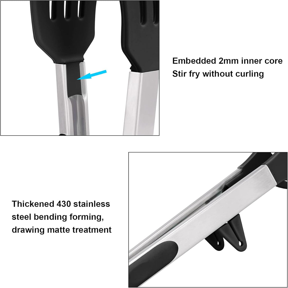 4in1 Stainless Steel Kitchen Food Tongs Set for Cooking with BPA Free Silicone Tips, Toaster Steak Pie Pizza Pasta Spaghetti Noodles Salad Fruit Vegetable Grill BBQ Buffet Clamp Serving Tools Gadgets