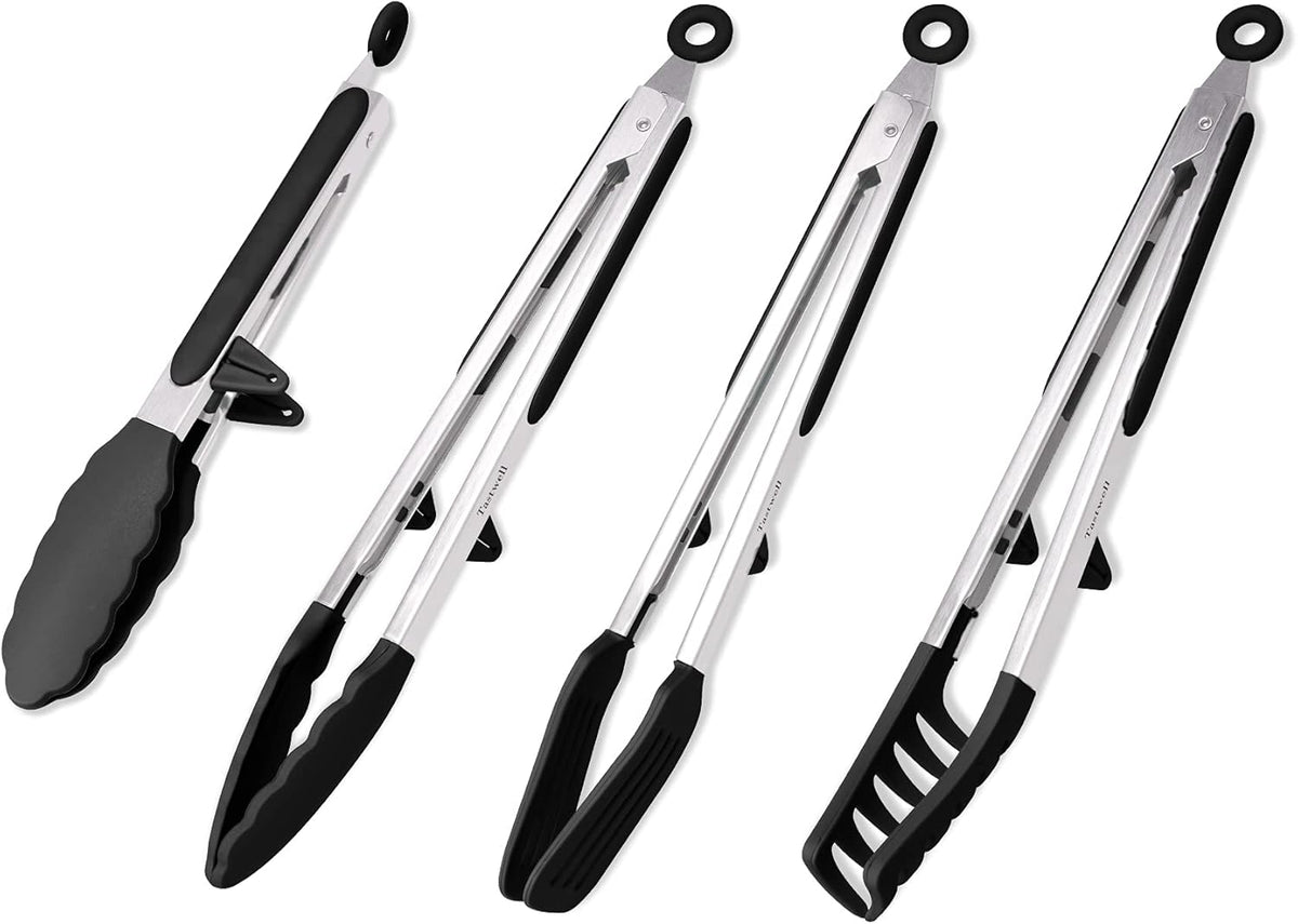 4in1 Stainless Steel Kitchen Food Tongs Set for Cooking with BPA Free Silicone Tips, Toaster Steak Pie Pizza Pasta Spaghetti Noodles Salad Fruit Vegetable Grill BBQ Buffet Clamp Serving Tools Gadgets