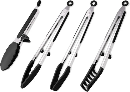 4in1 Stainless Steel Kitchen Food Tongs Set for Cooking with BPA Free Silicone Tips, Toaster Steak Pie Pizza Pasta Spaghetti Noodles Salad Fruit Vegetable Grill BBQ Buffet Clamp Serving Tools Gadgets