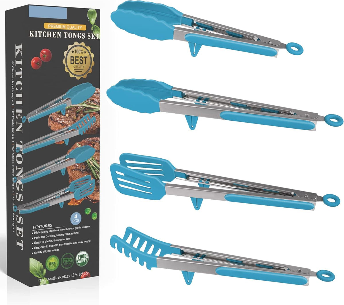 4in1 Stainless Steel Kitchen Food Tongs Set for Cooking with BPA Free Silicone Tips, Toaster Steak Pie Pizza Pasta Spaghetti Noodles Salad Fruit Vegetable Grill BBQ Buffet Clamp Serving Tools Gadgets