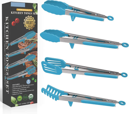 4in1 Stainless Steel Kitchen Food Tongs Set for Cooking with BPA Free Silicone Tips, Toaster Steak Pie Pizza Pasta Spaghetti Noodles Salad Fruit Vegetable Grill BBQ Buffet Clamp Serving Tools Gadgets