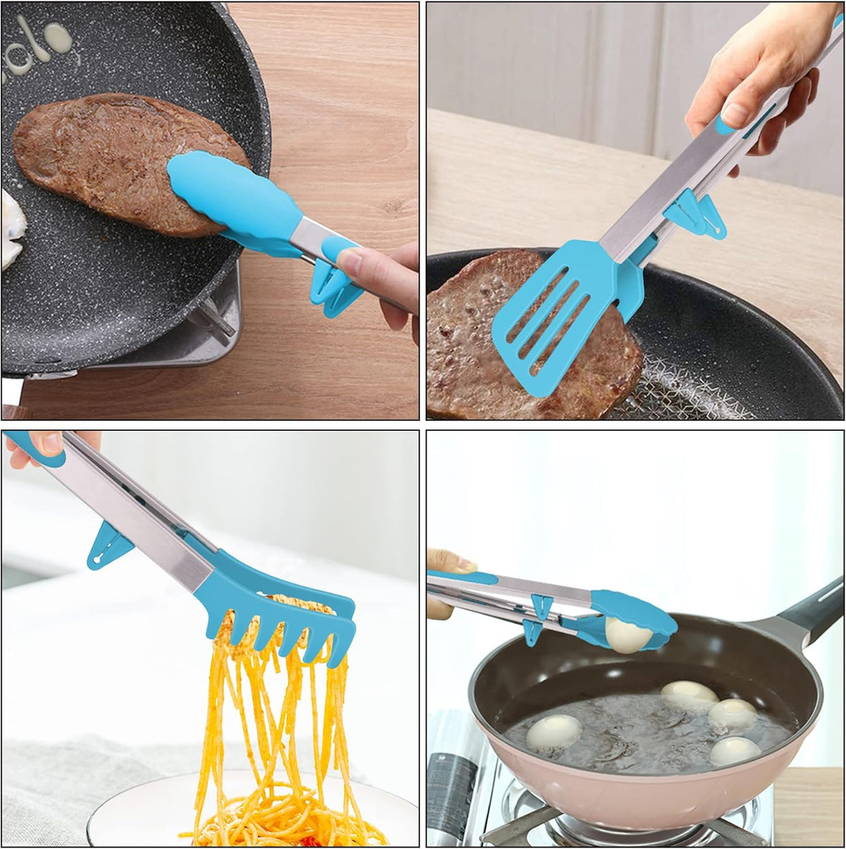 4in1 Stainless Steel Kitchen Food Tongs Set for Cooking with BPA Free Silicone Tips, Toaster Steak Pie Pizza Pasta Spaghetti Noodles Salad Fruit Vegetable Grill BBQ Buffet Clamp Serving Tools Gadgets