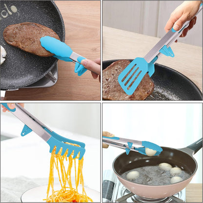 4in1 Stainless Steel Kitchen Food Tongs Set for Cooking with BPA Free Silicone Tips, Toaster Steak Pie Pizza Pasta Spaghetti Noodles Salad Fruit Vegetable Grill BBQ Buffet Clamp Serving Tools Gadgets