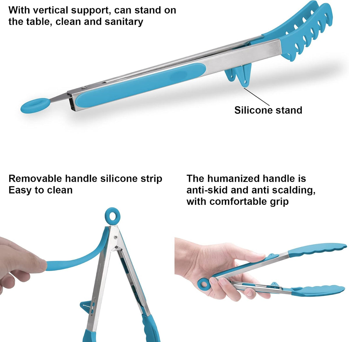 4in1 Stainless Steel Kitchen Food Tongs Set for Cooking with BPA Free Silicone Tips, Toaster Steak Pie Pizza Pasta Spaghetti Noodles Salad Fruit Vegetable Grill BBQ Buffet Clamp Serving Tools Gadgets
