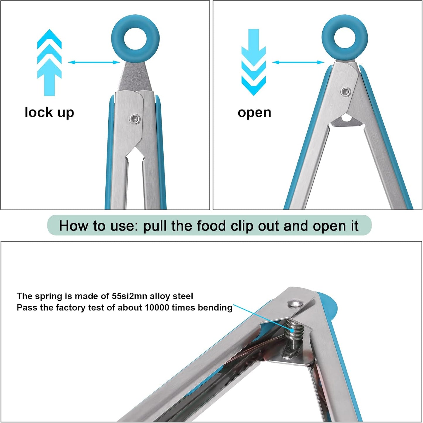 4in1 Stainless Steel Kitchen Food Tongs Set for Cooking with BPA Free Silicone Tips, Toaster Steak Pie Pizza Pasta Spaghetti Noodles Salad Fruit Vegetable Grill BBQ Buffet Clamp Serving Tools Gadgets