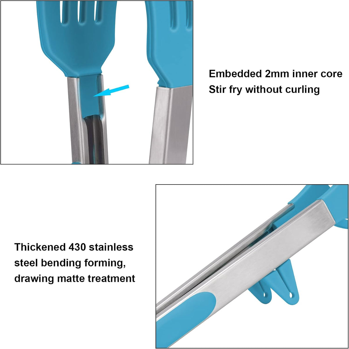 4in1 Stainless Steel Kitchen Food Tongs Set for Cooking with BPA Free Silicone Tips, Toaster Steak Pie Pizza Pasta Spaghetti Noodles Salad Fruit Vegetable Grill BBQ Buffet Clamp Serving Tools Gadgets