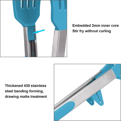 4in1 Stainless Steel Kitchen Food Tongs Set for Cooking with BPA Free Silicone Tips, Toaster Steak Pie Pizza Pasta Spaghetti Noodles Salad Fruit Vegetable Grill BBQ Buffet Clamp Serving Tools Gadgets