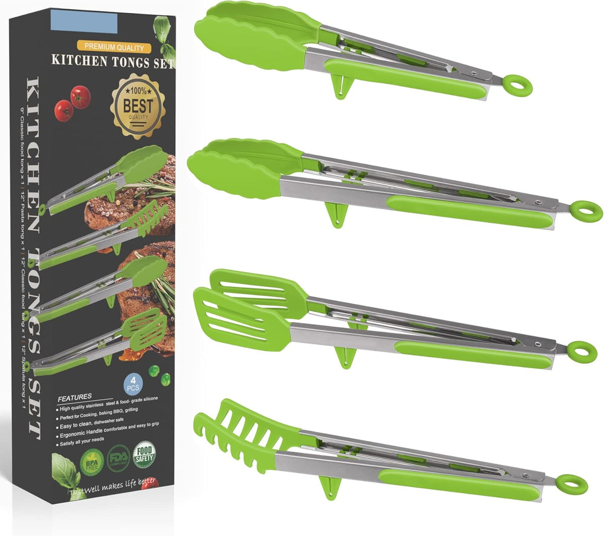 4in1 Stainless Steel Kitchen Food Tongs Set for Cooking with BPA Free Silicone Tips, Toaster Steak Pie Pizza Pasta Spaghetti Noodles Salad Fruit Vegetable Grill BBQ Buffet Clamp Serving Tools Gadgets