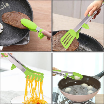 4in1 Stainless Steel Kitchen Food Tongs Set for Cooking with BPA Free Silicone Tips, Toaster Steak Pie Pizza Pasta Spaghetti Noodles Salad Fruit Vegetable Grill BBQ Buffet Clamp Serving Tools Gadgets