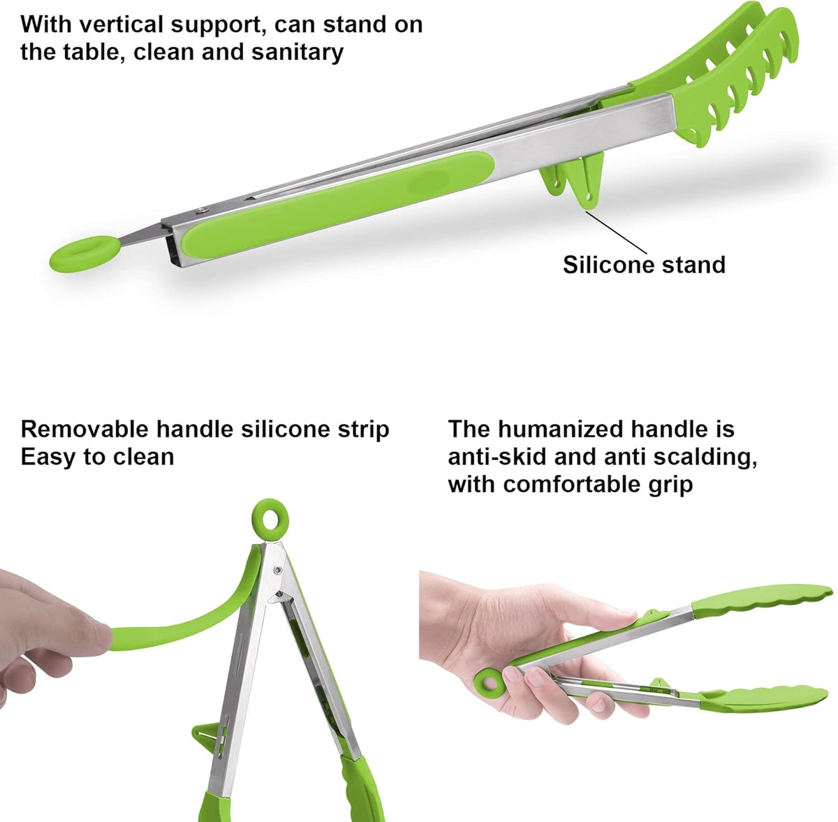 4in1 Stainless Steel Kitchen Food Tongs Set for Cooking with BPA Free Silicone Tips, Toaster Steak Pie Pizza Pasta Spaghetti Noodles Salad Fruit Vegetable Grill BBQ Buffet Clamp Serving Tools Gadgets