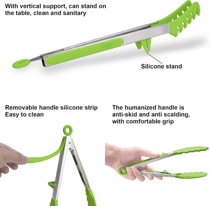 4in1 Stainless Steel Kitchen Food Tongs Set for Cooking with BPA Free Silicone Tips, Toaster Steak Pie Pizza Pasta Spaghetti Noodles Salad Fruit Vegetable Grill BBQ Buffet Clamp Serving Tools Gadgets
