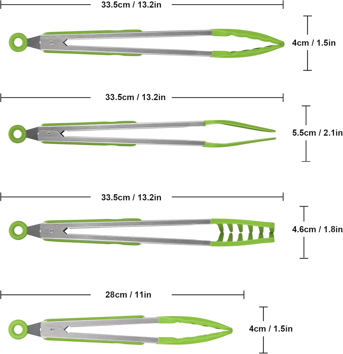 4in1 Stainless Steel Kitchen Food Tongs Set for Cooking with BPA Free Silicone Tips, Toaster Steak Pie Pizza Pasta Spaghetti Noodles Salad Fruit Vegetable Grill BBQ Buffet Clamp Serving Tools Gadgets