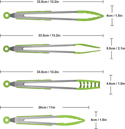 4in1 Stainless Steel Kitchen Food Tongs Set for Cooking with BPA Free Silicone Tips, Toaster Steak Pie Pizza Pasta Spaghetti Noodles Salad Fruit Vegetable Grill BBQ Buffet Clamp Serving Tools Gadgets