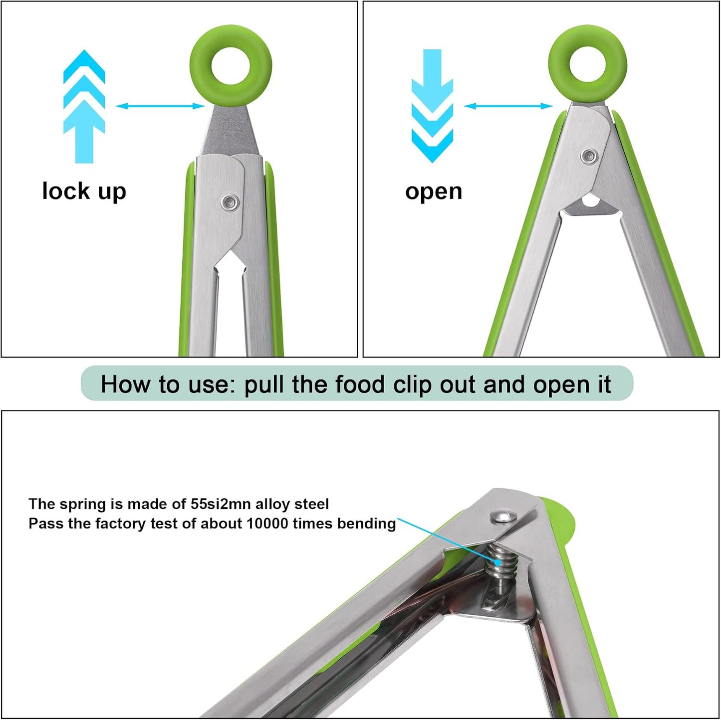 4in1 Stainless Steel Kitchen Food Tongs Set for Cooking with BPA Free Silicone Tips, Toaster Steak Pie Pizza Pasta Spaghetti Noodles Salad Fruit Vegetable Grill BBQ Buffet Clamp Serving Tools Gadgets