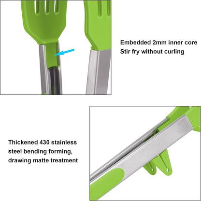 4in1 Stainless Steel Kitchen Food Tongs Set for Cooking with BPA Free Silicone Tips, Toaster Steak Pie Pizza Pasta Spaghetti Noodles Salad Fruit Vegetable Grill BBQ Buffet Clamp Serving Tools Gadgets