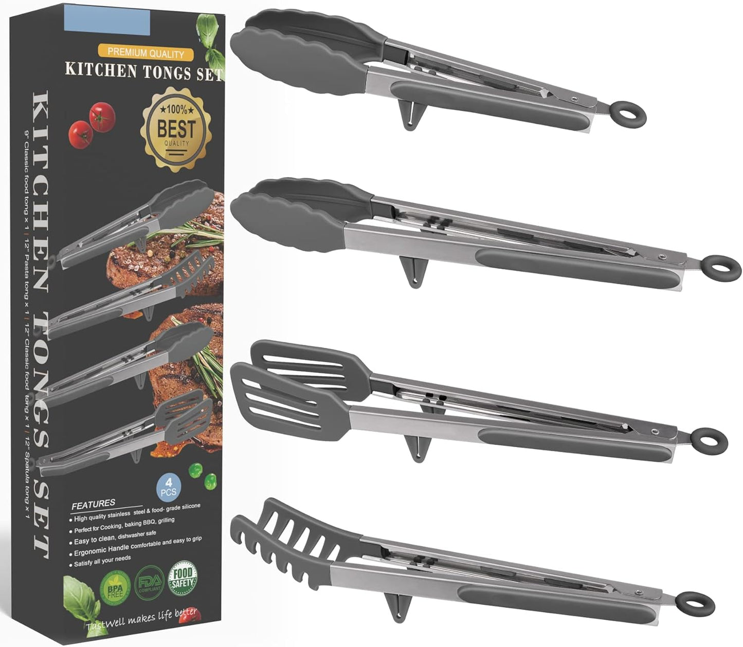 4in1 Stainless Steel Kitchen Food Tongs Set for Cooking with BPA Free Silicone Tips, Toaster Steak Pie Pizza Pasta Spaghetti Noodles Salad Fruit Vegetable Grill BBQ Buffet Clamp Serving Tools Gadgets