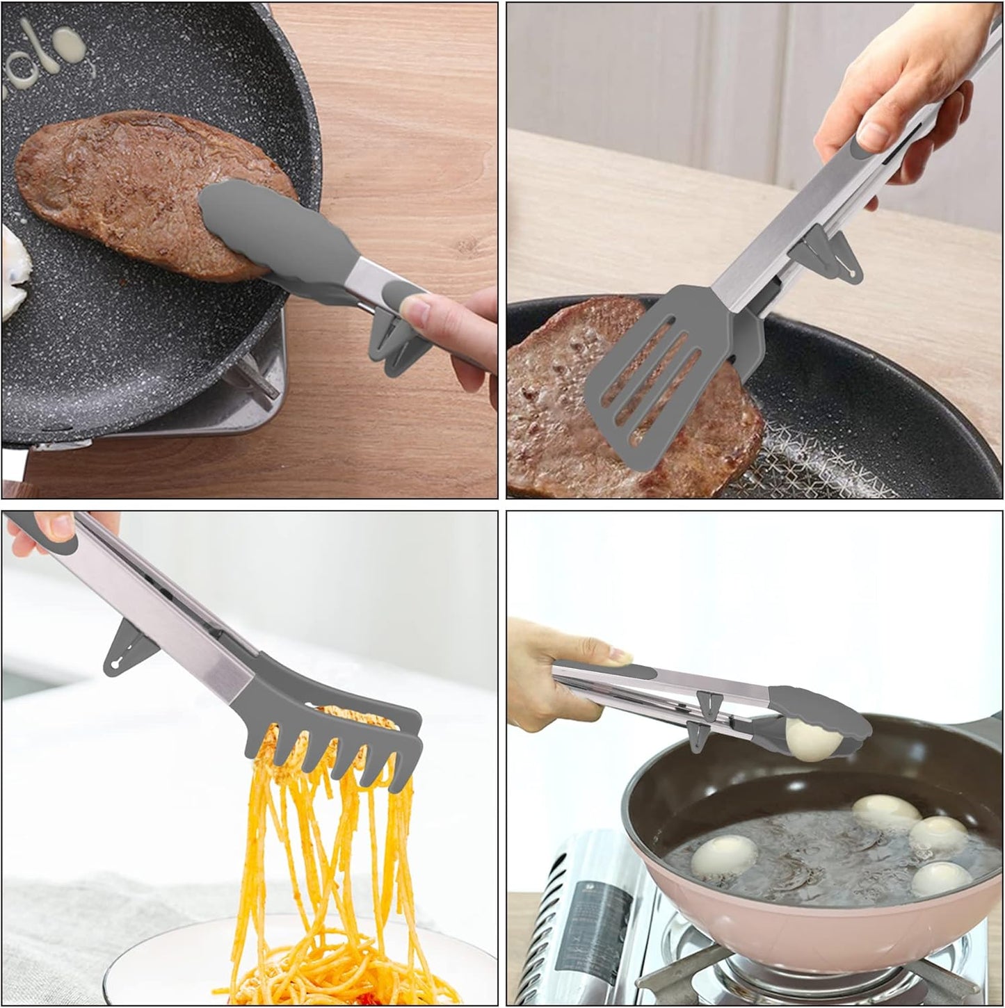 4in1 Stainless Steel Kitchen Food Tongs Set for Cooking with BPA Free Silicone Tips, Toaster Steak Pie Pizza Pasta Spaghetti Noodles Salad Fruit Vegetable Grill BBQ Buffet Clamp Serving Tools Gadgets