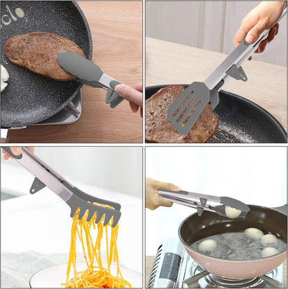 4in1 Stainless Steel Kitchen Food Tongs Set for Cooking with BPA Free Silicone Tips, Toaster Steak Pie Pizza Pasta Spaghetti Noodles Salad Fruit Vegetable Grill BBQ Buffet Clamp Serving Tools Gadgets