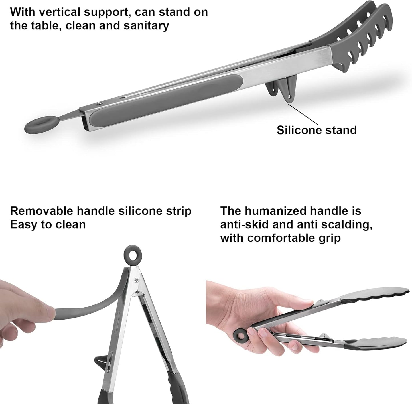 4in1 Stainless Steel Kitchen Food Tongs Set for Cooking with BPA Free Silicone Tips, Toaster Steak Pie Pizza Pasta Spaghetti Noodles Salad Fruit Vegetable Grill BBQ Buffet Clamp Serving Tools Gadgets