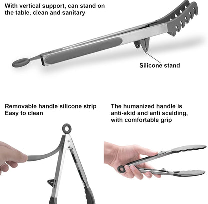 4in1 Stainless Steel Kitchen Food Tongs Set for Cooking with BPA Free Silicone Tips, Toaster Steak Pie Pizza Pasta Spaghetti Noodles Salad Fruit Vegetable Grill BBQ Buffet Clamp Serving Tools Gadgets