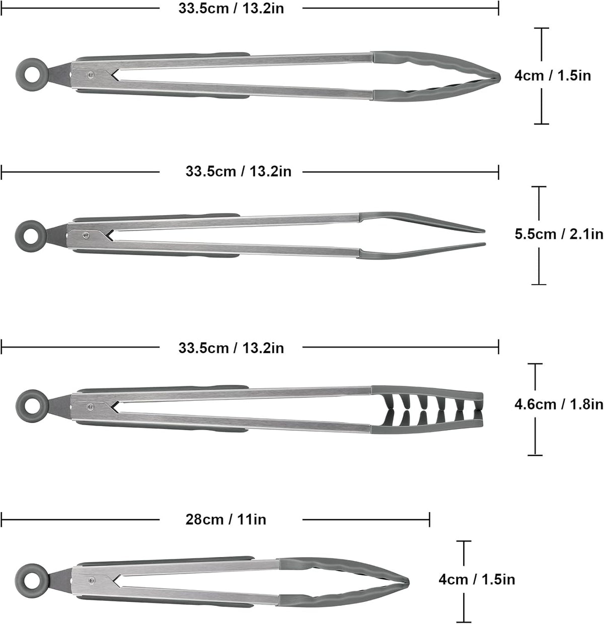 4in1 Stainless Steel Kitchen Food Tongs Set for Cooking with BPA Free Silicone Tips, Toaster Steak Pie Pizza Pasta Spaghetti Noodles Salad Fruit Vegetable Grill BBQ Buffet Clamp Serving Tools Gadgets
