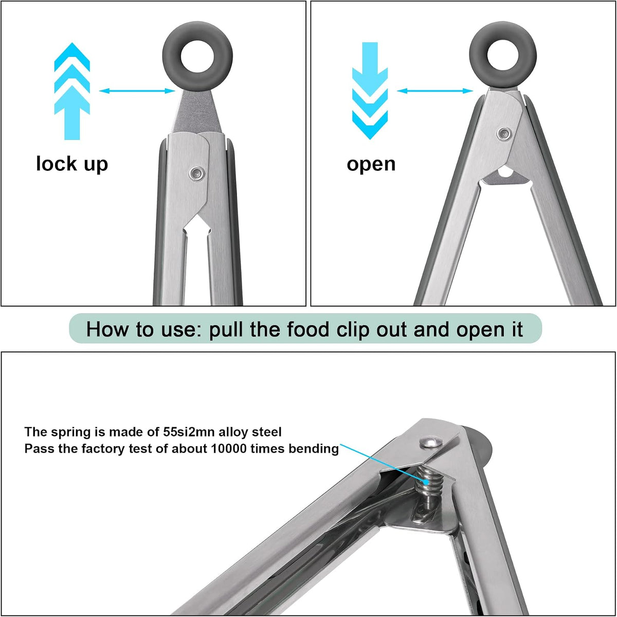 4in1 Stainless Steel Kitchen Food Tongs Set for Cooking with BPA Free Silicone Tips, Toaster Steak Pie Pizza Pasta Spaghetti Noodles Salad Fruit Vegetable Grill BBQ Buffet Clamp Serving Tools Gadgets
