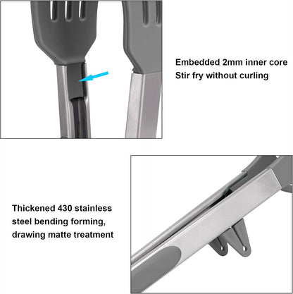 4in1 Stainless Steel Kitchen Food Tongs Set for Cooking with BPA Free Silicone Tips, Toaster Steak Pie Pizza Pasta Spaghetti Noodles Salad Fruit Vegetable Grill BBQ Buffet Clamp Serving Tools Gadgets